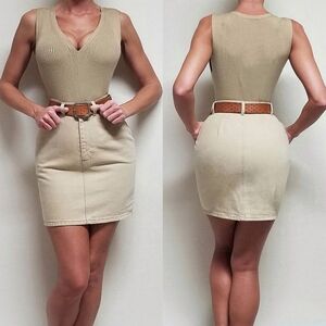 Rare Vintage 70s Ralph Lauren Country Beige Cotton Hourglass Denim Mini Skirt 6